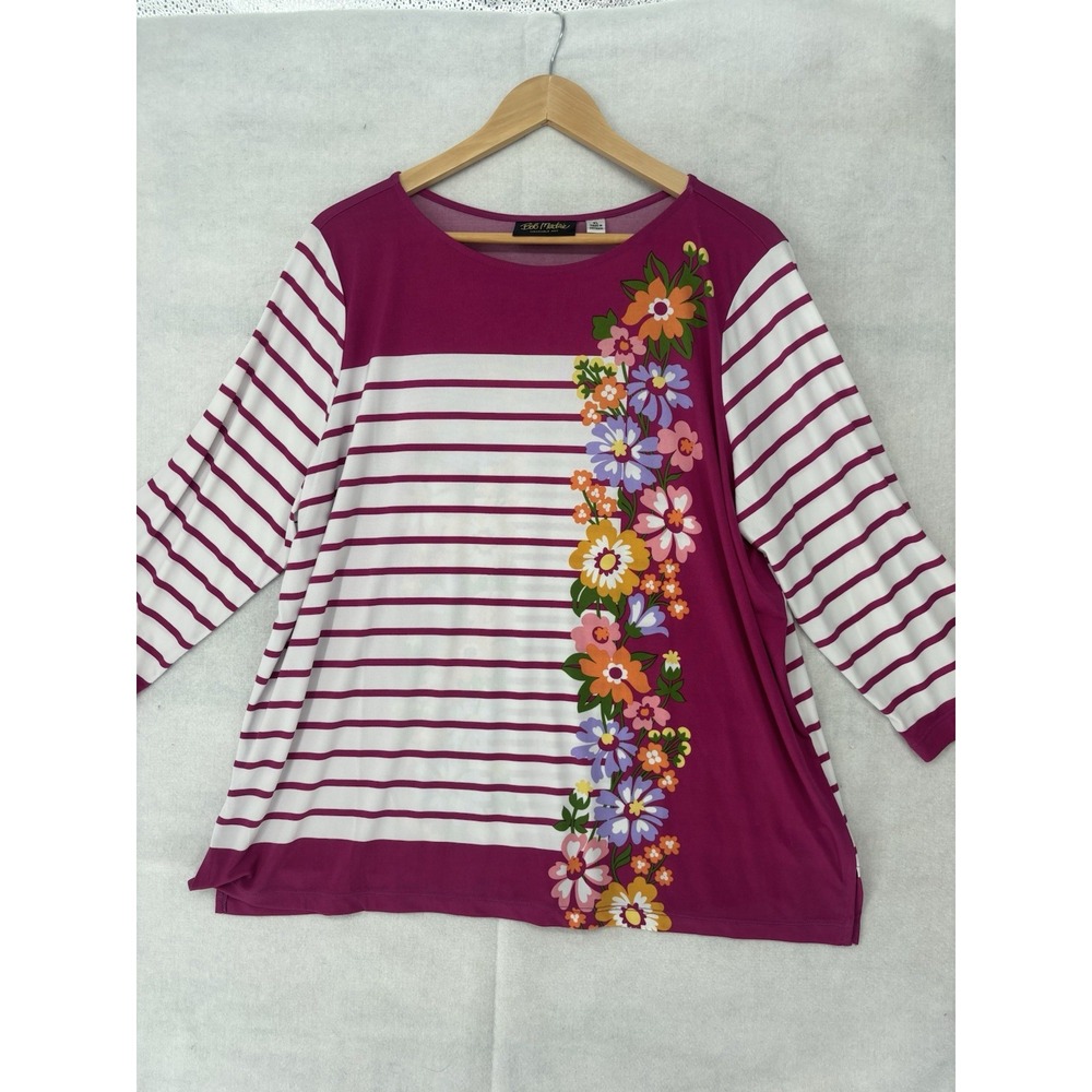 BOB MACKIE Wearable Art Top Size XL Floral Striped Stretch Womens Pink Artsy